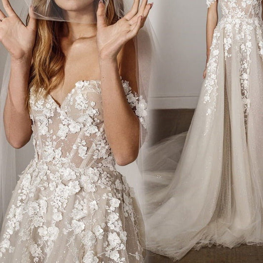 3D flower lace trailing tube top wedding dress - LiveTrendsX
