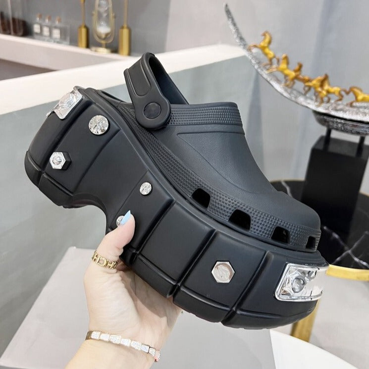 Women Thick Sole Platform Sandals Design Metal Rivet Hollow Out Shoes