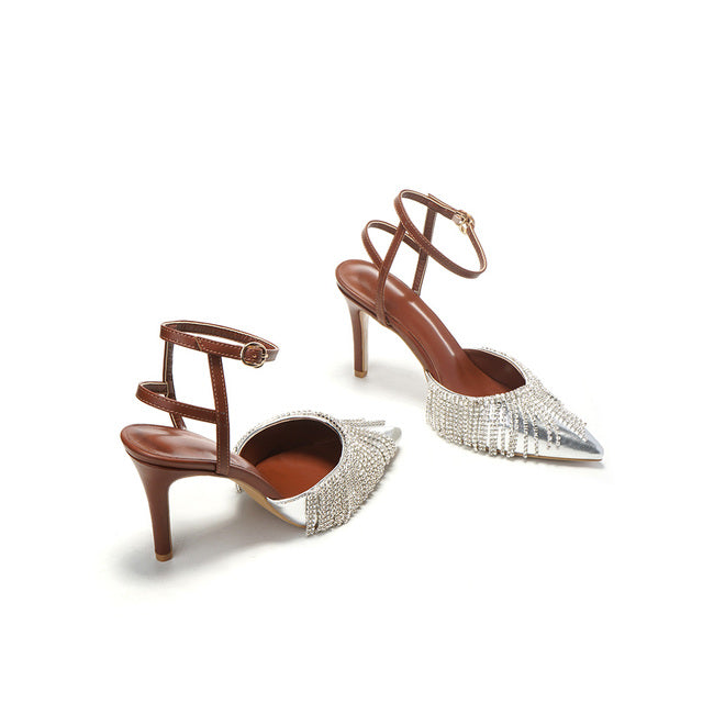 Rhinestone Tassel Chain Word with Stiletto Heel Sandals