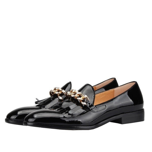 Men Patent leather Shoes metal chain Loafers
