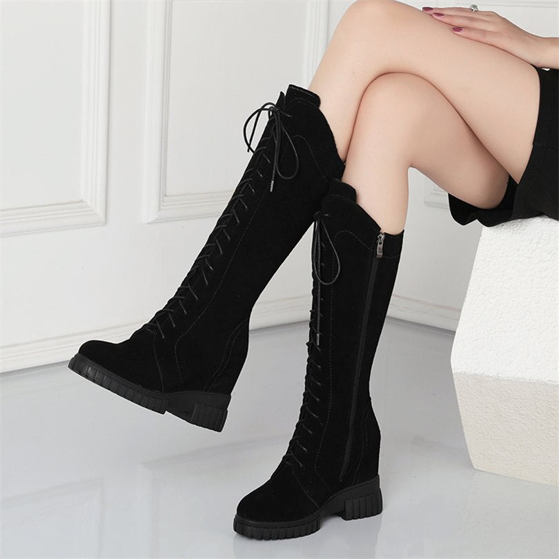 Women Lace Up Cow Leather High Heel Mid Calf Ridding Boots