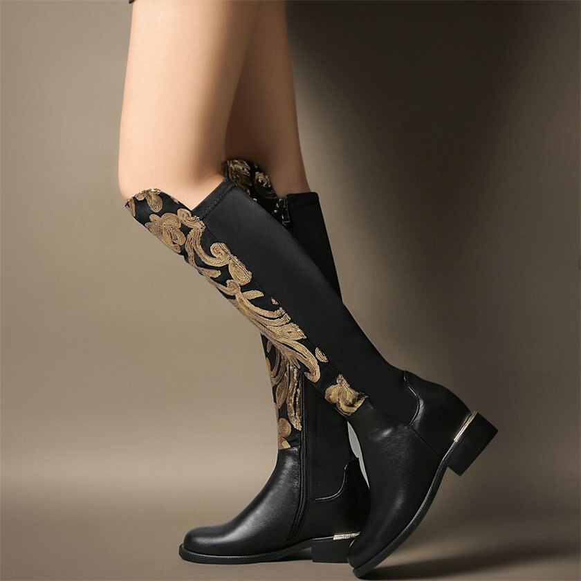 Women Genuine Leather Hidden Wedges Knee High Military Boots Round Toe