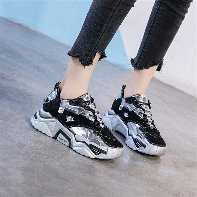 Cow Leather Women's Platform Chunky Sneakers  Casual Vulcanize Shoes Luxury Designer Female Fashion Sneakers - LiveTrendsX