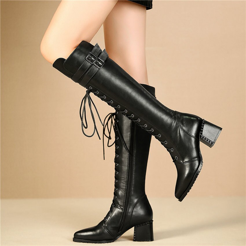 Women Lace Up Strappy Cow Leather Knee High Boots