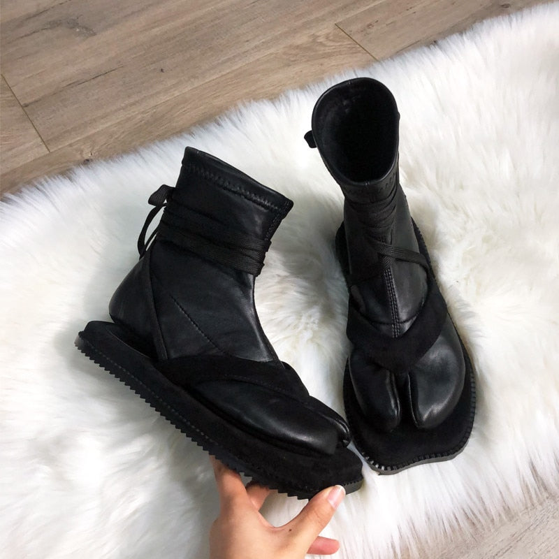 Fashion Design Women Ankle Boots Split Toe Flat Sock Boots Soft Leather Straps Military Boot Autumn Winter Shoes Woman - LiveTrendsX