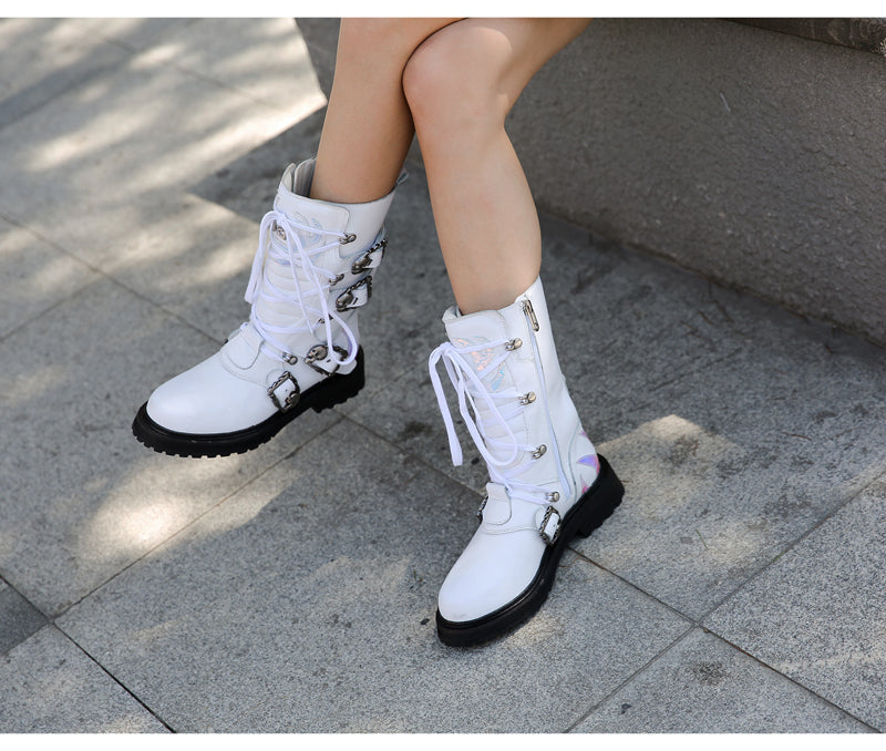 retro style knight boots women white cow leather thick bottom mid calf boot buckle belt lace up short boots women - LiveTrendsX