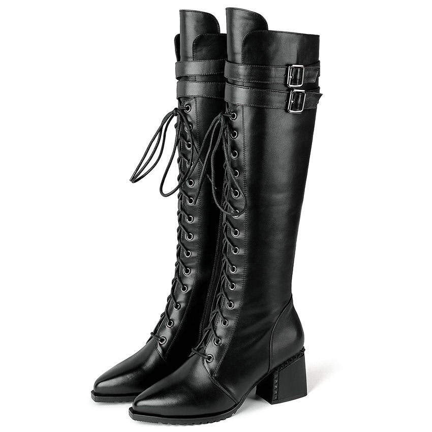 Women Lace Up Strappy Cow Leather Knee High Boots