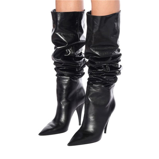 Pleated Knee Boots Women Slip On Thin High Heels Shoe