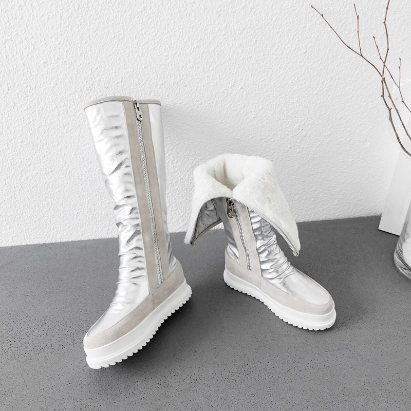 Plus size 34-43 New cow genuine leather boots women zipper nature wool warm snow boots ladies knee high winter boots - LiveTrendsX
