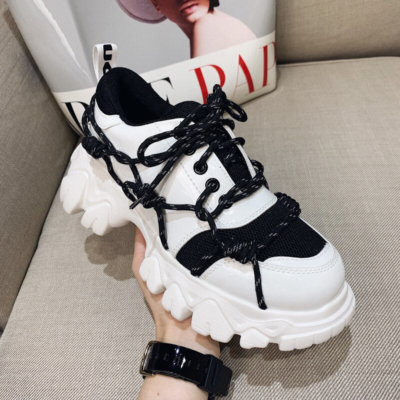 New Patent Leather Women Casual Old Harajuku Shoes Punk Thick Bottom Increased Lady Flat Platform Sports Sneakers Shoes Creepers - LiveTrendsX