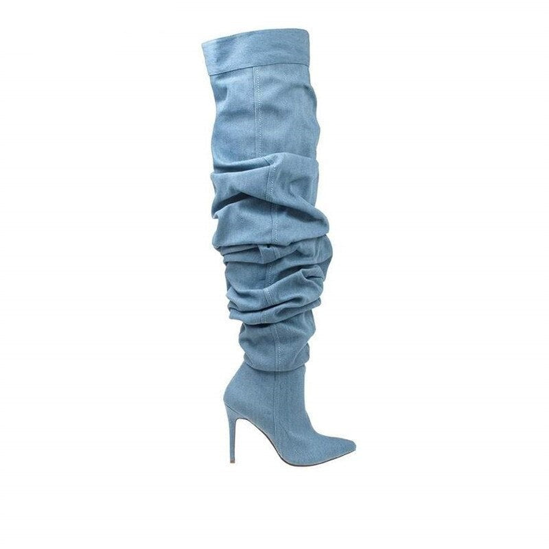Woman Pleated High Heels Thigh High Boots
