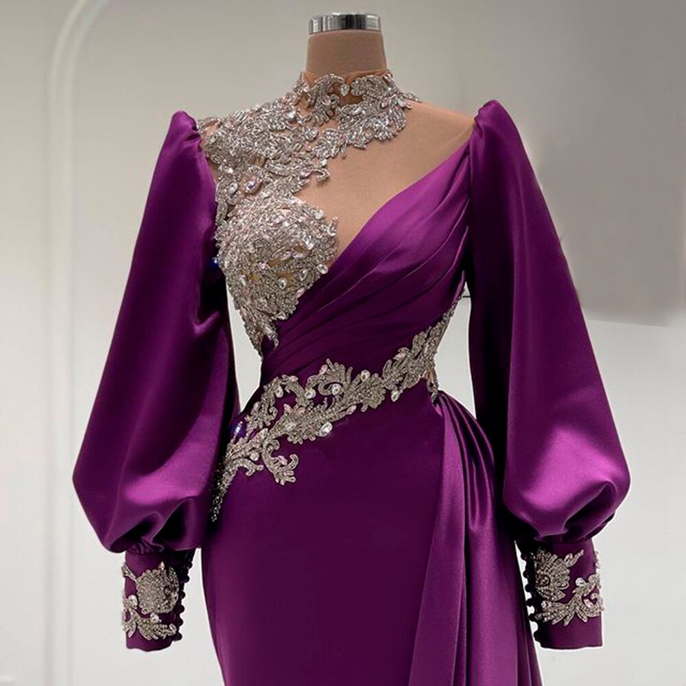 Beaded Crystals Purple Satin Women Formal Evening Party Gowns