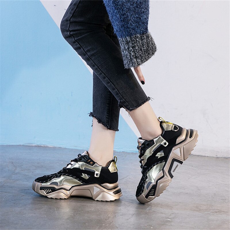 Cow Leather Women's Platform Chunky Sneakers  Casual Vulcanize Shoes Luxury Designer Female Fashion Sneakers - LiveTrendsX