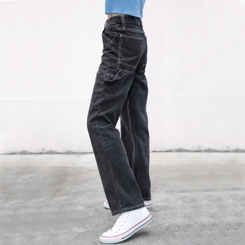 Women High-rise Faded Black Denim Jeans With White Stitching Straight Leg Denim Pants - LiveTrendsX