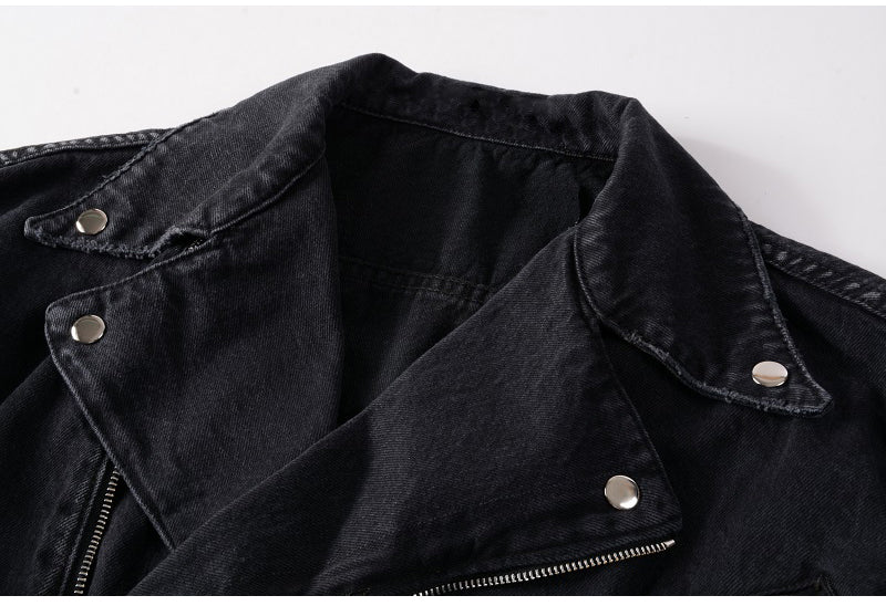 Men's zippers black biker jean jacket Streetwear thick denim slim coat with belt High quality - LiveTrendsX