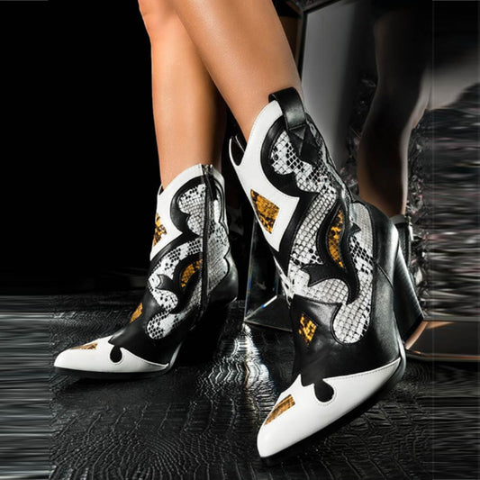 Autumn New Retro PU Leather Ankle Boots Woman Pointed Toe Microfiber Mixed Color Low Heel Boots Women Cowboy Boots Femme - LiveTrendsX