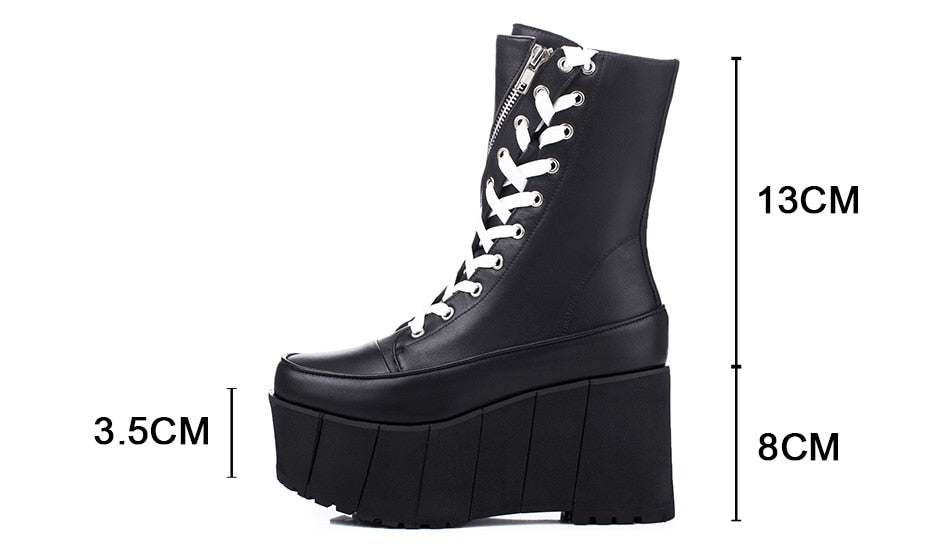 Handmade Genuine Leather Boots Women White Spring Autumn Fashion Zipper Motorcyle Boots Woman Thick Bottom Wedge Shoes - LiveTrendsX
