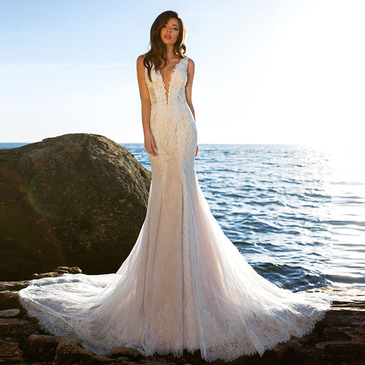 Beading Appliques Lace Mermaid Wedding Dress Vestidos De Novia Sirena See Through Deep V-neck Sexy Wedding Gowns - LiveTrendsX
