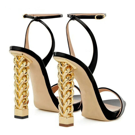 Unique Gold Metal Knitted High Heel Sandals Women One-strap Open Toe Patent Leather Strange Heel Summer Shoes Woman - LiveTrendsX