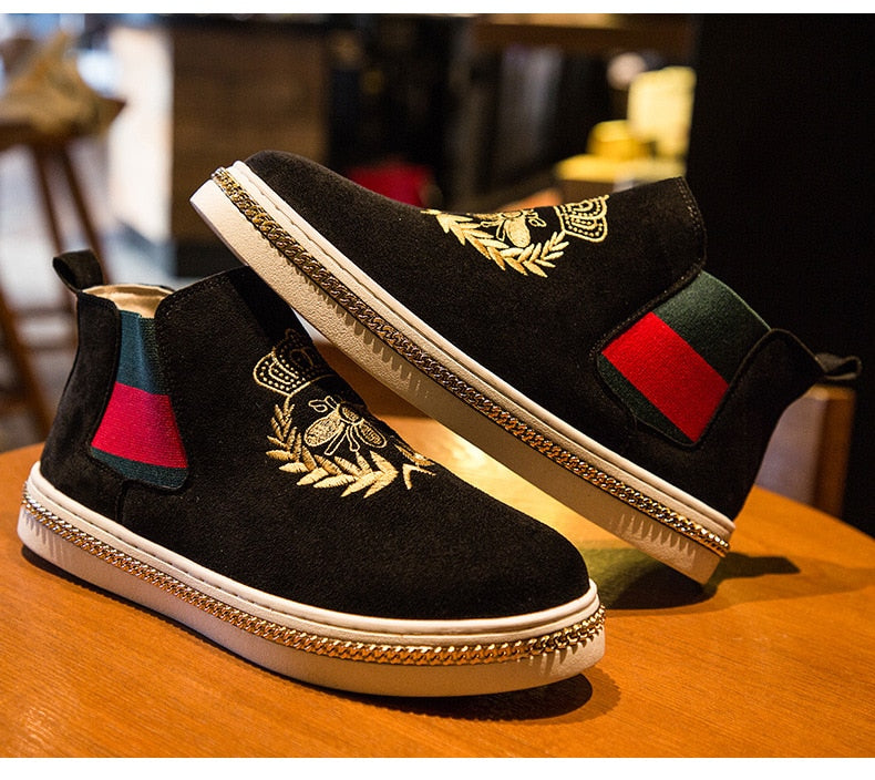 Autumn Winter Comfortable Suede Fashion Animal Embroidery Shoes Men Black Footwear Slip on High top Embroidered Men Shoes Casual - LiveTrendsX