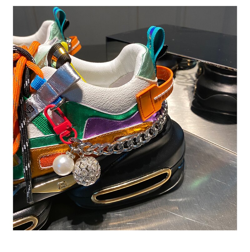 Cowhide Color Matching Color Lace-up Pearl Rhinestone Chain Sneakers