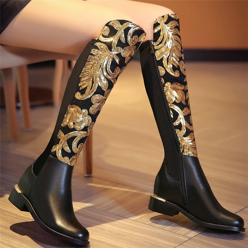 Women Genuine Leather Hidden Wedges Knee High Military Boots Round Toe