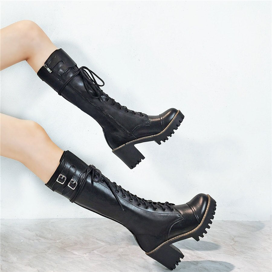 Women Lace Up Straps Genuine Leather Chunky High Heels Motorcycle Boots