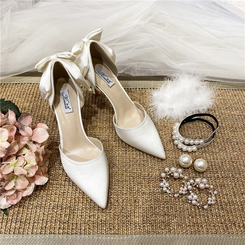 Bow satin sandals bride pearl white pointed wedding shoes