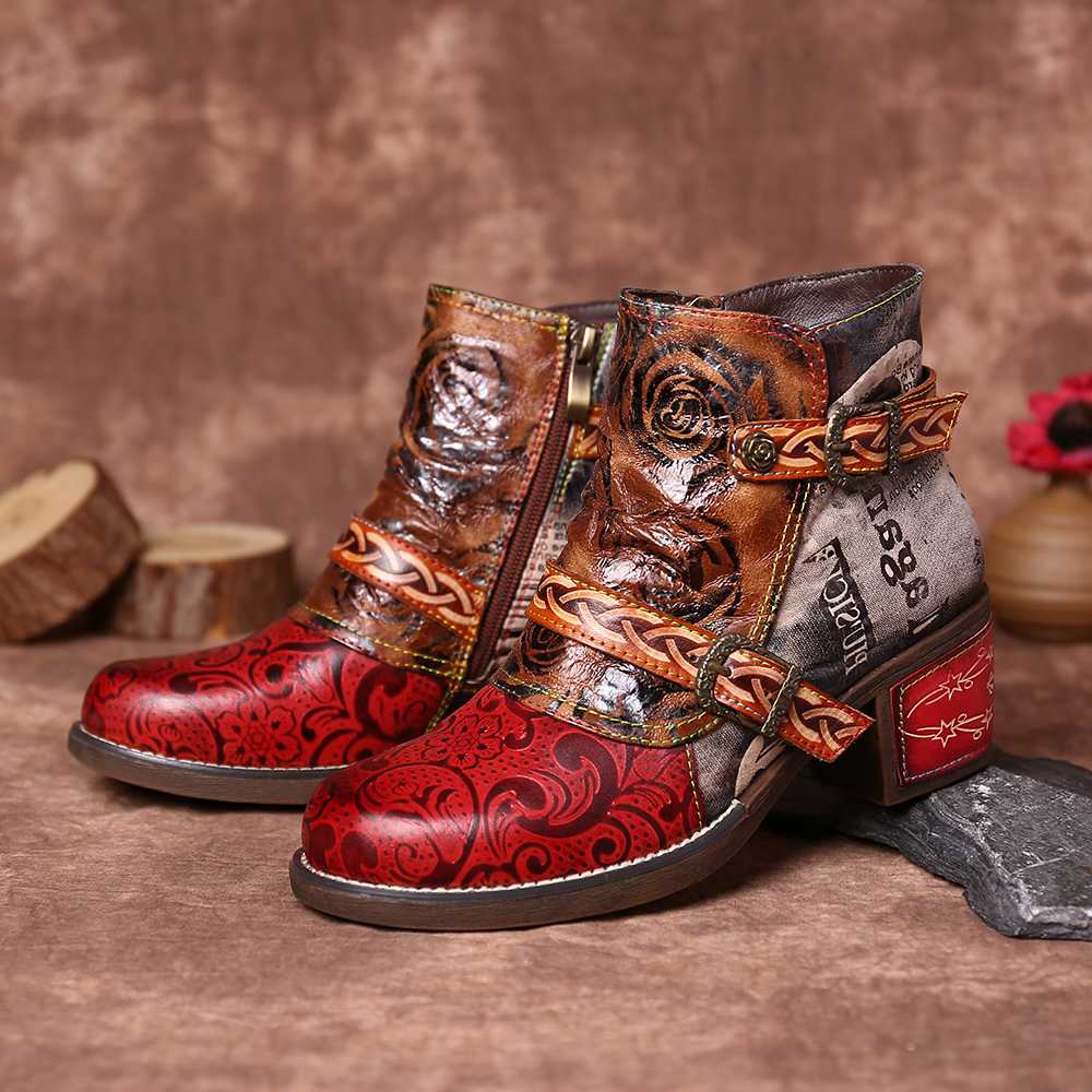 Embossed Boots Rose Genuine Leather Splicing Low Heel Ankle Boots Elegant Ladies Shoes Women Shoes Botas Mujer 2020 - LiveTrendsX