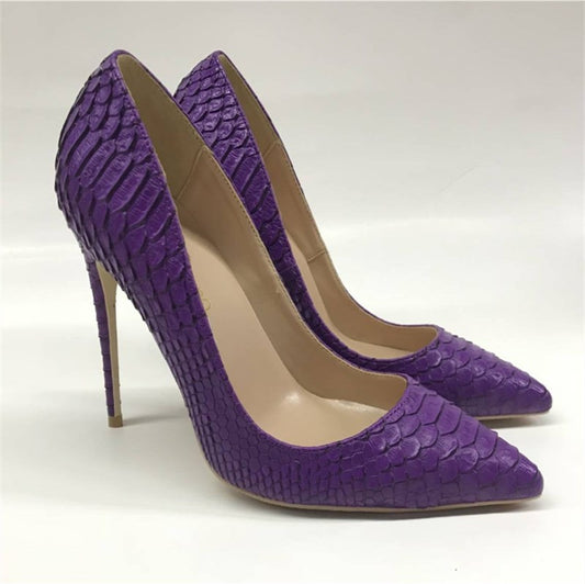 Women High Heel Shoe New Purple Snake Pattern Super High Heel Women's Shallow Mouth Pointed Shoes 12cm Fairy Shoes - LiveTrendsX