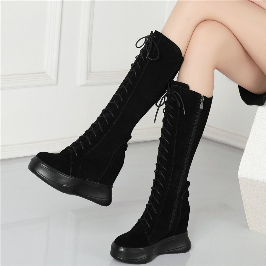 Women Lace Up Cow Leather High Heel Mid Calf Military Boots Round Toe