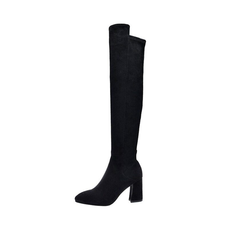 Sexy Slim Fit Elastic Flock Over The Knee Round Head Zipper Boots Women Shoes