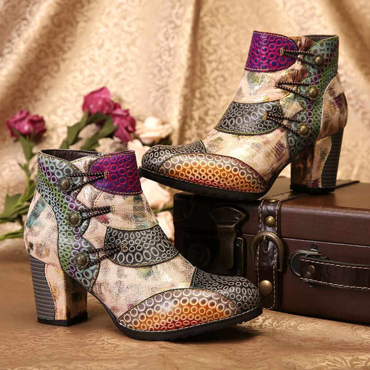 Embossed Boots Genuine Leather Retro Buckle Zipper High Heel Ankle Boots Elegant Shoes Women Shoes Botas Mujer 2020 - LiveTrendsX