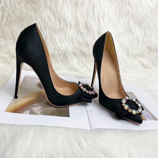 Black satin bow pointed 12 cm heel peep-toe heels  pumps