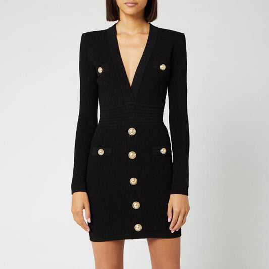 HarleyFashion High Quality Euramerican Spring Fall Fitness Casual Knit Dress V-neck Plaid Buttons Solid Slim Sheath Mini Dress - LiveTrendsX