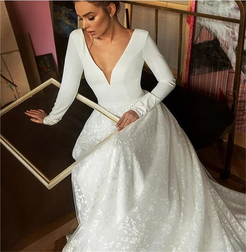 Lace Wedding Dress 2019 Long Sleeve V-neck Boho Bridal Gowns Satin Backless White Vestido de noiva Plus size custom - LiveTrendsX