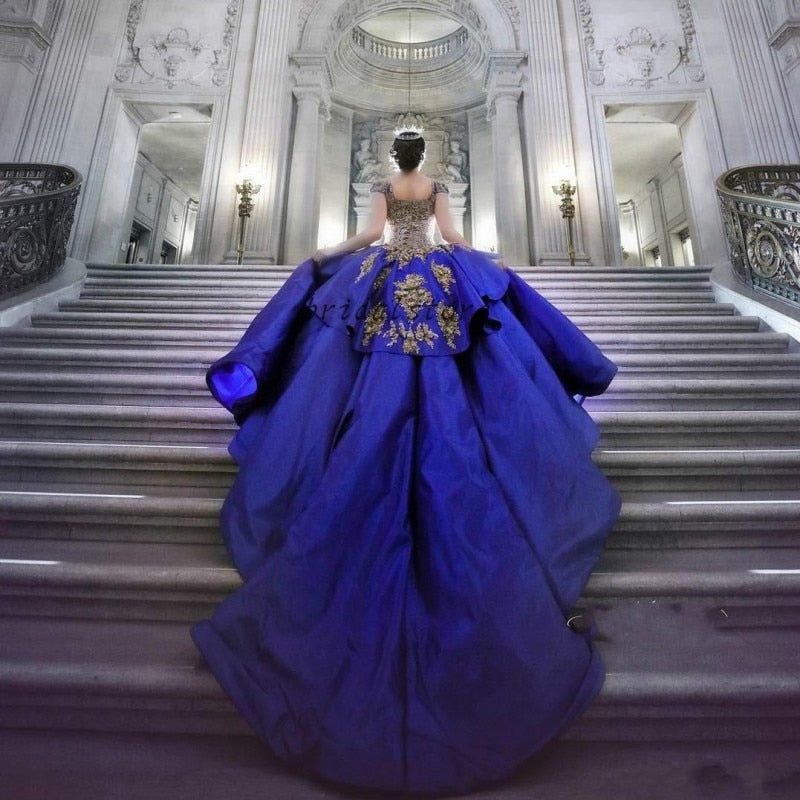 Gorgeous Satin Royal Blue Quinceanera Dresses Short Sleeves Beaded Lace Applique Princess Engagement Formal Long Dress - LiveTrendsX