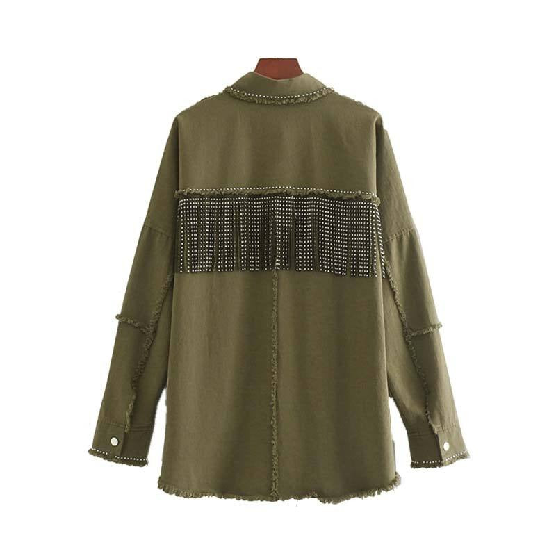 Vadim women stylish oversized beading decorate denim jacket tassel patchwork long sleeve coat female outwear loose tops CA522 - LiveTrendsX