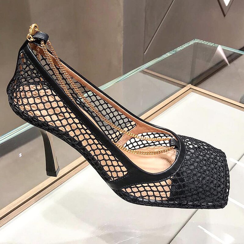 2020 New Spring Summer Square Toe Shallow Mesh Hollow Out Chains Thin High Heels Sandals Women Fashion Tide 10B526 - LiveTrendsX