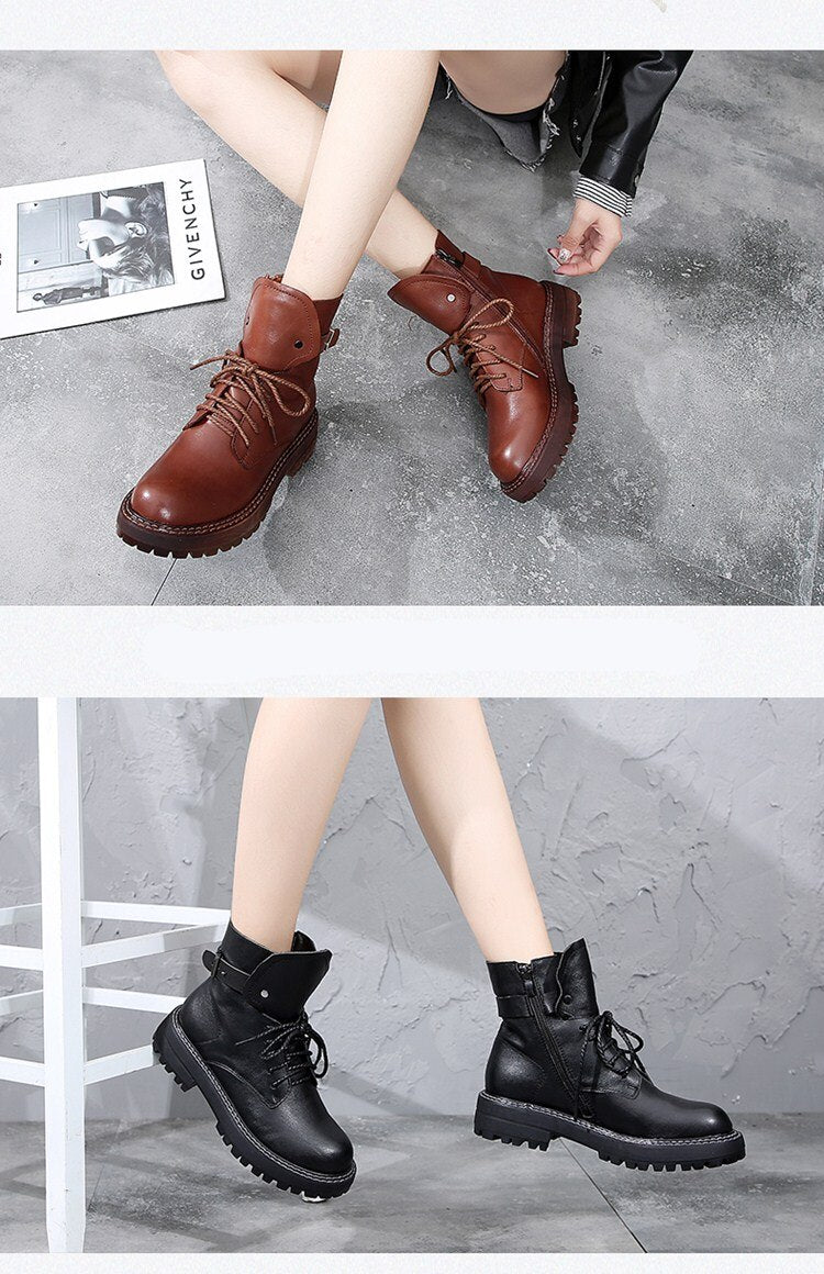 Martin Boots Women 2020 New British Style Genuine Leather Ladies Ankle Boots Thick Heel Retro Casual fur Short Boots Women - LiveTrendsX