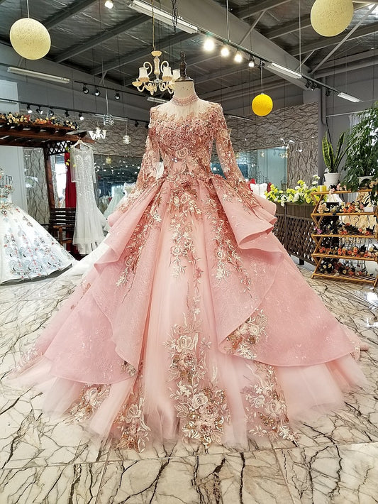 pink special dubai puffy party dresses high neck long tulle sleeve lace up back evening dresses can make for muslim - LiveTrendsX