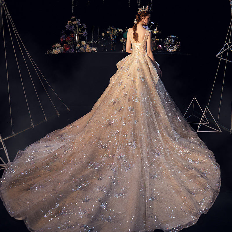 Luxury Starry Sky Wedding Dress Fairy Ruffle Ruched Sequin Beading Appliques Chapel Train Bridal Dress - LiveTrendsX