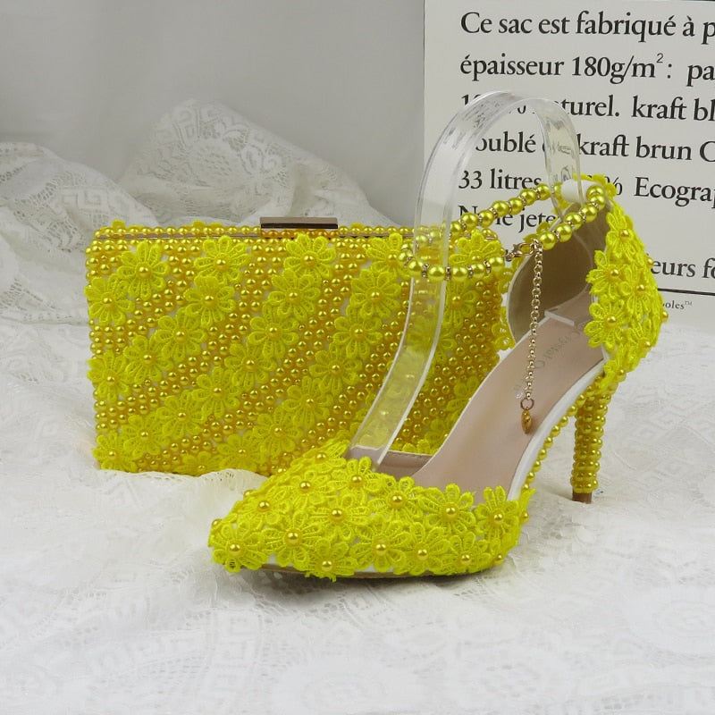7cm/9cm Yellow Flower Wedding Shoes With Matching Bags High Heels Pointed Toe Ankle Strap Ladies Party shoe and bag set - LiveTrendsX