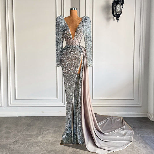 V-neck Luxury Beaded Mermaid High Slit Silver Formal Evening Gowns