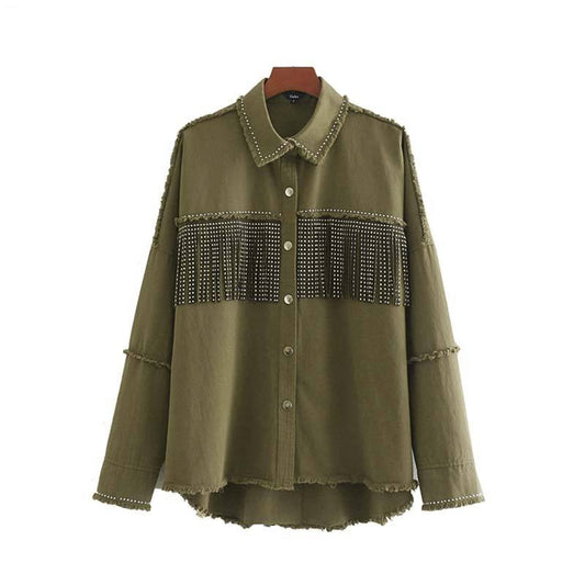 Vadim women stylish oversized beading decorate denim jacket tassel patchwork long sleeve coat female outwear loose tops CA522 - LiveTrendsX