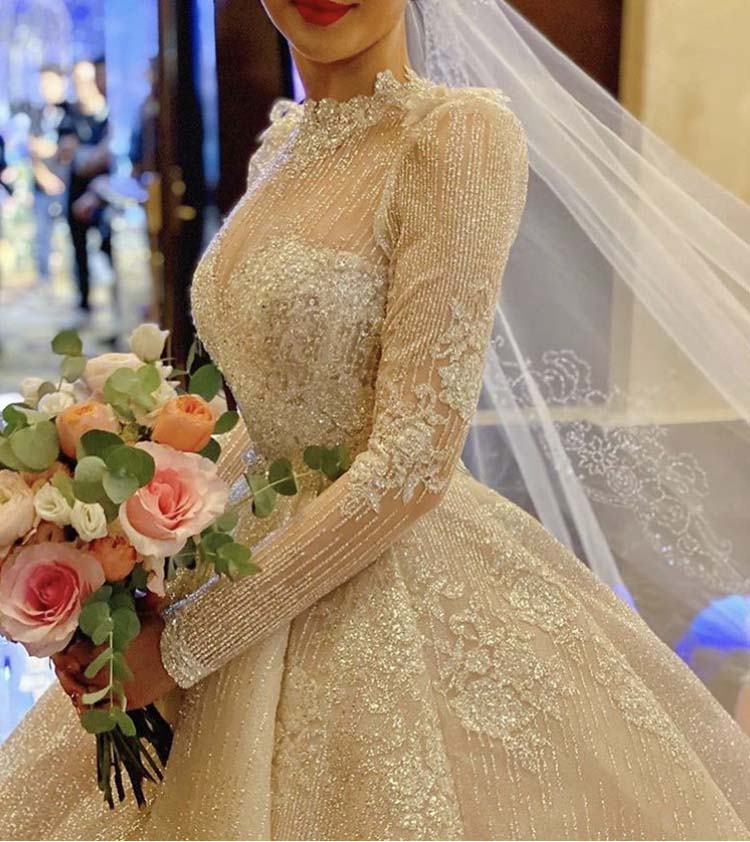 Vintage Vestidos De Novias High Collar O Neck Bling Bling Glitter Fabric Long Sleeve Ball Gown Muslim Wedding Dresses - LiveTrendsX