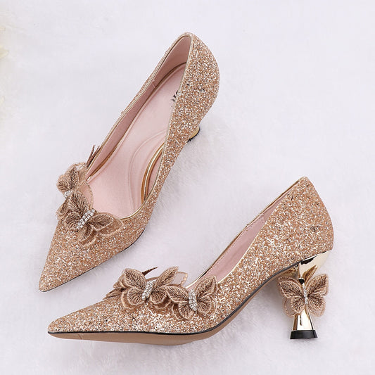 Party Shoes Heavy Blue Sequins Shoes Pointed Toe 6cm High Heels custom kids hats Butterfly Princess Lady Pumps - LiveTrendsX