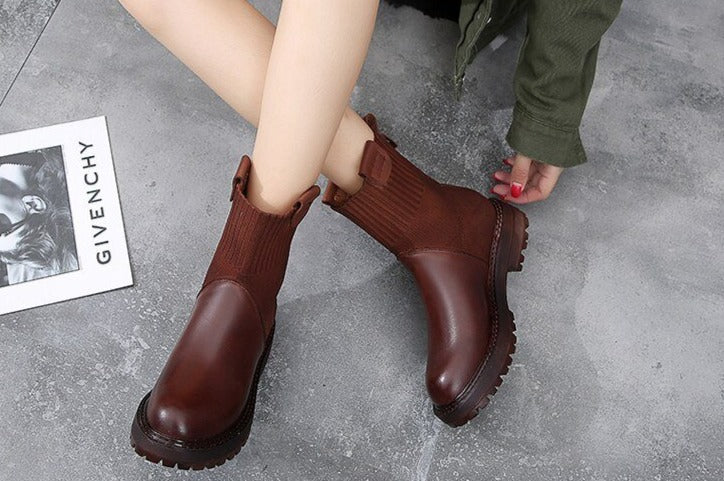 Genuinne Leather boots women 2020 spring new retro casual boots women's Martin boots British style socks women's boots - LiveTrendsX