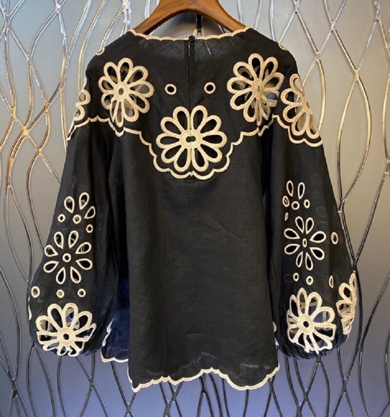 Ladies Hollow Out Embroidery Lantern Sleeve Casual Loose Tops