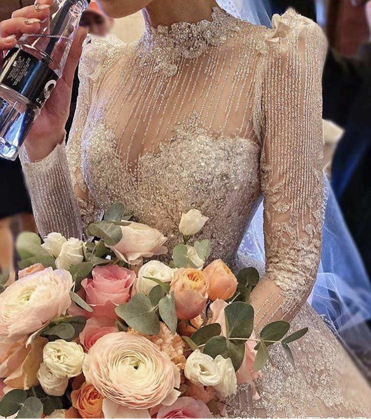 Vintage Vestidos De Novias High Collar O Neck Bling Bling Glitter Fabric Long Sleeve Ball Gown Muslim Wedding Dresses - LiveTrendsX